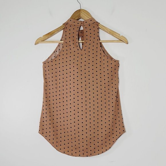 RW&CO Sleeveless Ruffle Blouse Shirt Top Tan Polka Dot Business Casual Size XXS - Picture 4 of 9